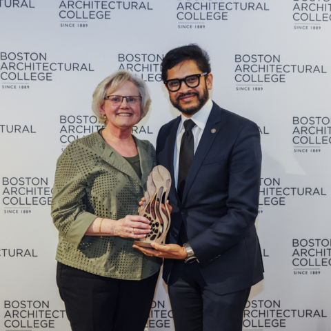 Judy Nitsch, PE, LEED AP, accepts the Selfless Labor from President Mahesh Daas at the 2026 Alumni and Friends Awards' Ceremony.