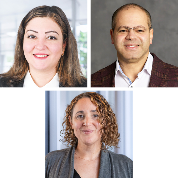 Isra Banks, AIA, NCARB, LEED AP, WELL AP, M.Arch'17, Boston Arch. Studio Manager, GFT and BAC Alumni Advisory Council Co-Chair (top left), Amr Raafat, M.Arch'10, CIO, Windover Construction (top right), and Nicole Voss, AIA, LEED BD+C, WELL AP, M.Arch&rsquo;14, Director of Sustainability and Associate Principal, isgenuity (bottom middle).