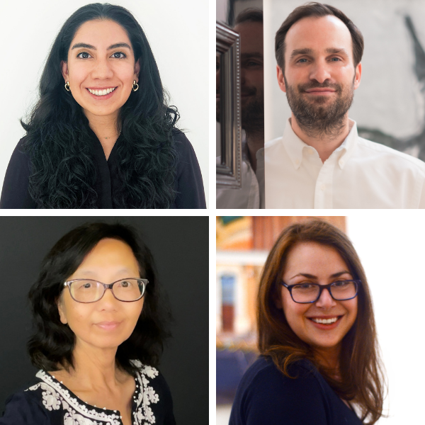 Tania Aguilar, M.Arch'22, Arch. Designer and Owner, TAN Design Studio and BAC Alumni Advisory Council member (top left), Collin Bray, President of Sales, Century 21 Cityside (top right), Anddie Chan-Patera, MIA'18, Principal, A Square Design and BAC Board of Trustee Member (bottom left), and Abby Gordon, BID'12, M.Arch'13, Co-Founder & Director of Design, Adaptiv (bottom right).