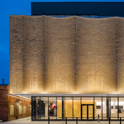 Höweler + Yoon’s 14,000 sf addition to the original 1933 art deco Coolidge Corner Theatre reconfigures and expands this community institution. This project turns the back of the theater into a new front, doubling the lobby’s square footage and adding two new theaters, a community room, and a film library. Photo Credit: Anton Grassl.