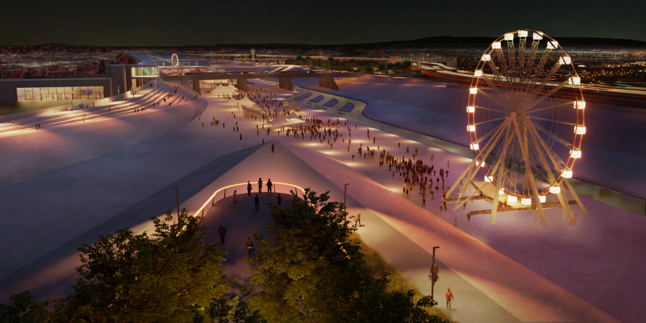 Nighttime rendering of the Blue Park at the Rio Hondo Confluence Area Project, completed at Gehry Partners, in collaboration with OLIN and Geosyntec. Photo Credit: OLIN.