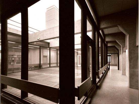 Looking out at the 6th floor Atrium of 320 Newbury Street in 1966. Photo Credit Louis Reens.