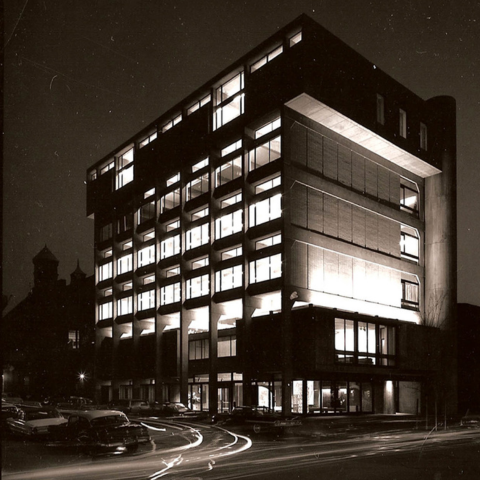 The BAC's 320 Newbury Street building exterior at night. Photo Credit George Zimberg.