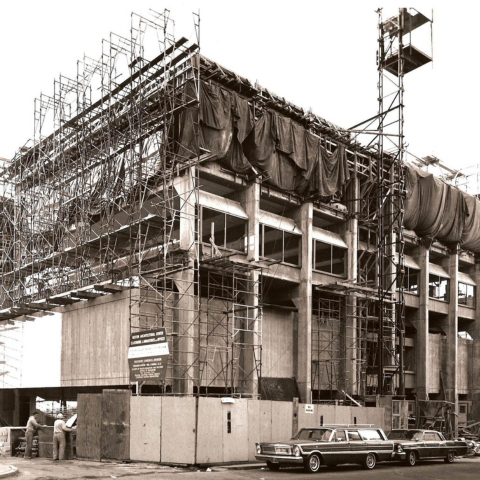Looking up at the BAC's 320 Newbury Street Building under construction, ca. 1960s. Photo Credit Stephen W. Plimpton.