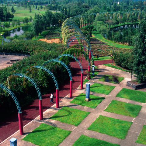 Elevated view of a pergola walkway extending through landscaped gardens and pathways at Xochimilco Ecological Park.