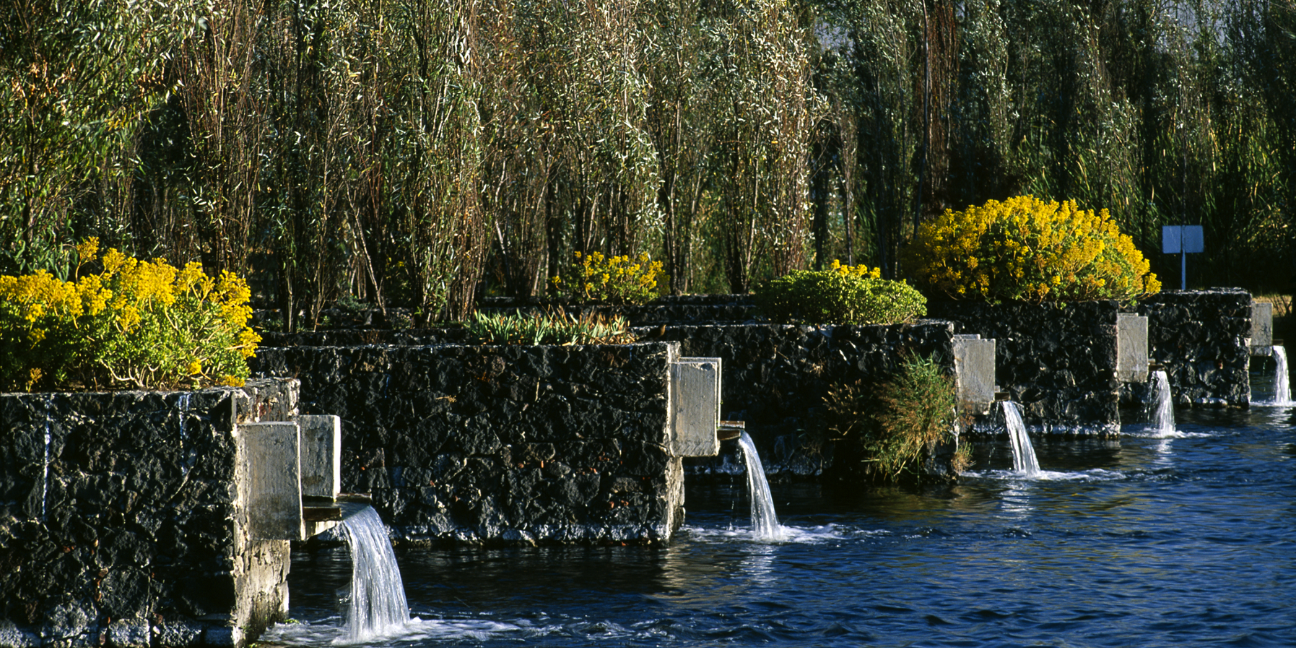 Lake Huetzalin and stone water features at Xochimilco Ecological Park, surrounded by pathways, restored wetlands, and open water.