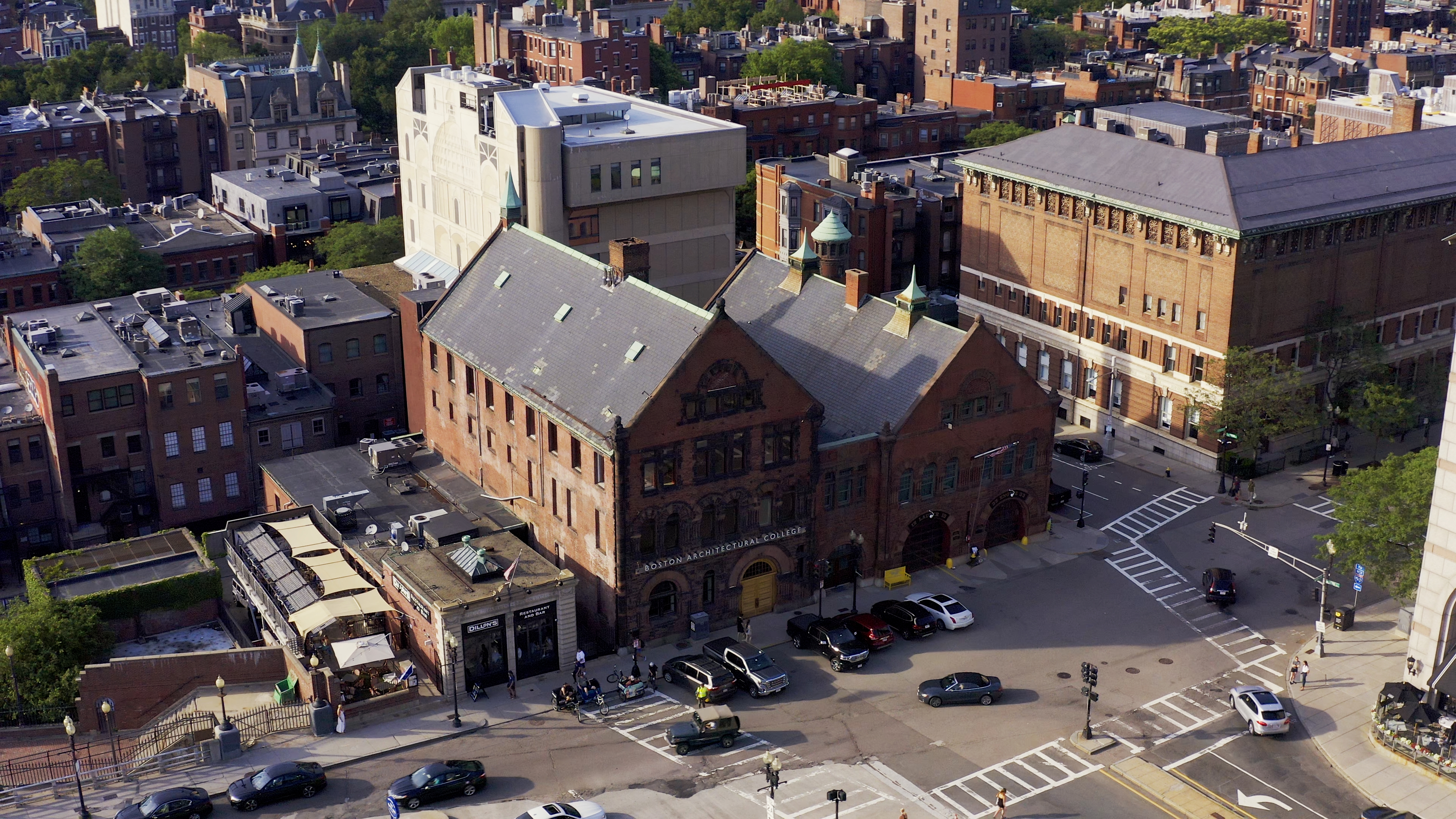 Aerial view of the BAC's 951 Bolyston St Building with 320 and 322 Newbury behind.