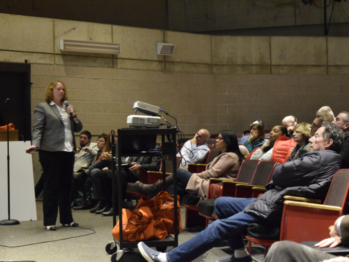 Carolyn Day, M.Arch'08, speaking at the 2-Tobin Community Meeting.