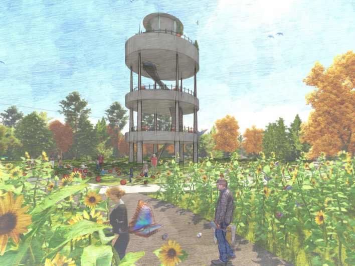 Meredith's student work of her concept of a Water Tower Bar and Observatory to attract visitors to a modern American farm.