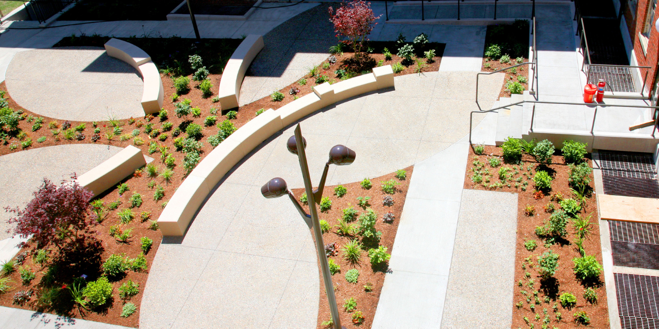 Bird's eye view of a landscaped area of Taunton S.H, DCAMM Women Treatment Center. Courtesy of Ground, Inc.