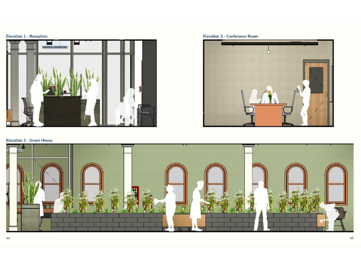 Section cut outs of the reception, conference room, and green house spaces at Third Place for Seniors in Chinatown from Laura Huang's, MSIA'23, thesis project.
