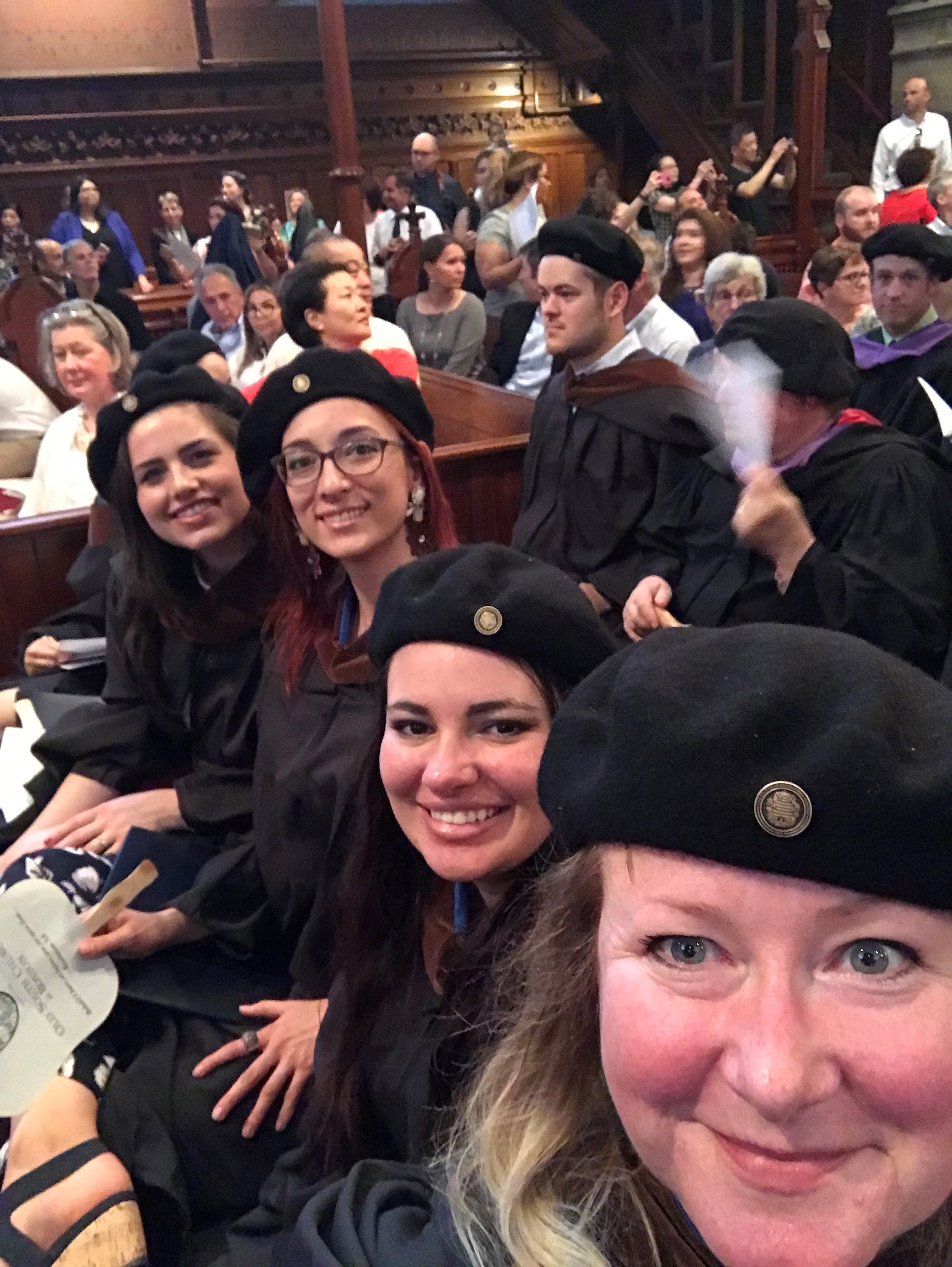 Selfie taken by Janet Roche, MDS-HH'23, during Commencement 2017 in the Old South Church (it was 99 degrees outside). Right to Left, Janet Roche, Chloe Hendricks, Karina Rodriguez-Winkler, and Adrienne (Jones) Erdman - all part of the MDS-HH Class of 2017 (May 19, 2017).