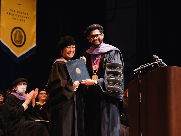 Architect Billie Tsien receives her honorary doctorate presented by BAC President Mahesh Daas at the 2022 Commencement Ceremony.
