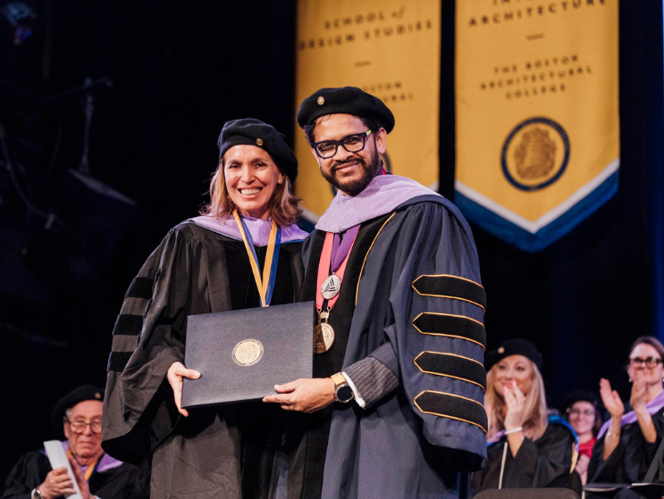 Architect Tatiana Bilbao receives her honorary doctorate presented by BAC President Mahesh Daas at the 2024 Commencement Ceremony.