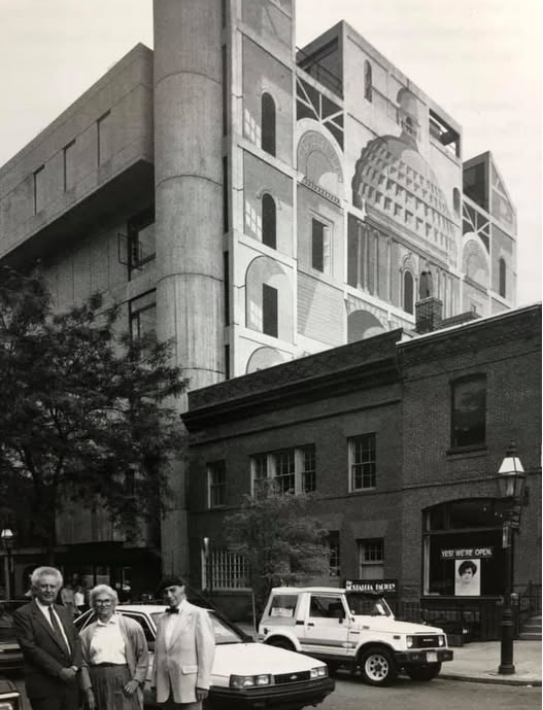 President Bernard Spring, Elsie Hurst, and Dean Cascieri (L to R) stand together outside the BAC Newbury building's mural. Courtesy of the BAC Archives. Photo credit: Peter Vanderwarker, All Rights Reserved.