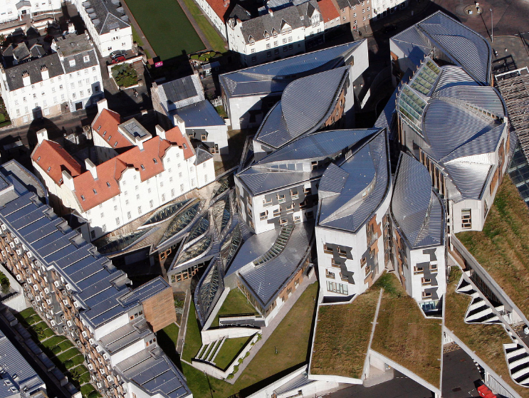 Exterior aerial view of the Scottish Parliament Building in Edinburgh designed by Benedetta Tagliabue – EMBT Architects. Copyright Scottish Parliament Corporate Body.