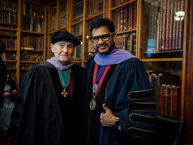 Franco Vitiello, '68, and Dr. Mahesh Daas, BAC President, in Memorial Library prior to the 2025 Commencement Ceremony.