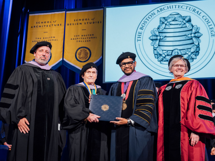 Franco Vitiello ’68 receives a Doctor of Design Leadership Honoris Causa, joined by Arnaldo Minuti, Italian Consul General, Boston; Dr. Mahesh Daas, BAC President; and Judy Nitch, Chair, BAC Board of Trustees.