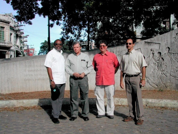 John at the Plaza of the Martyrs, joined by Ted Landsmark (left), Mario Coyula (third), and Julio Cesar Perez (far right).