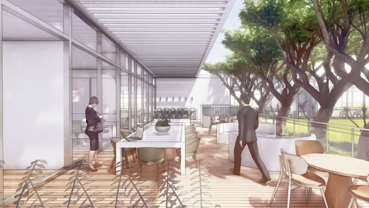 Open-plan office terrace with glass walls, a long communal table, and lounge seating. Two people walk and stand among modern furniture, while large trees and greenery are integrated into the outdoor workspace. Design Development Presentation: Lighting and interior design class, Rai Ramirez-Barbosa, 2025.