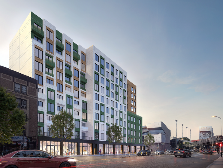 Rendering of a mid-rise residential building featuring a contemporary fa&ccedil;ade design with street-level retail in an urban setting.