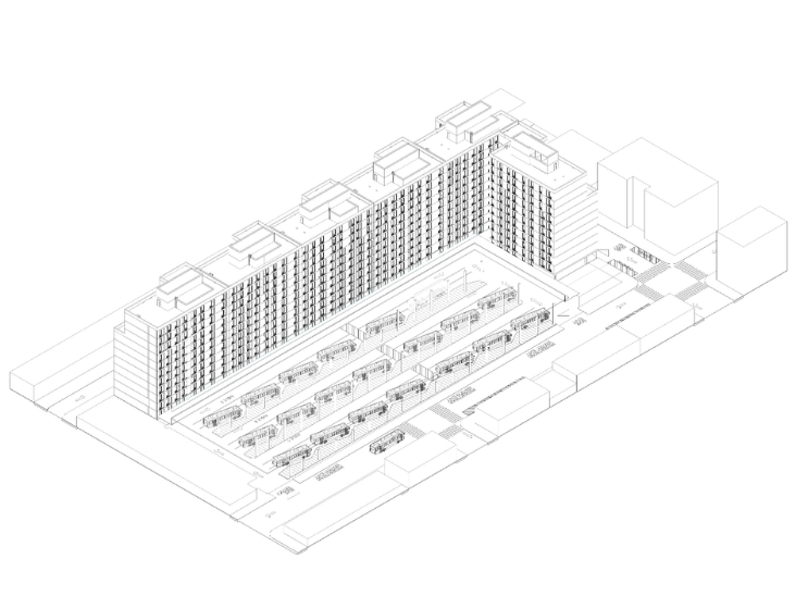 Axonometric architectural drawing of a transit-oriented bus terminal and mixed-use development, reflecting Yoel Honig&rsquo;s experience with infrastructure and transportation design.