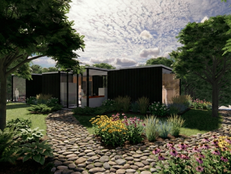 Architectural rendering of a modern cabin set within a wooded landscape, showcasing sustainable residential design and integration with nature.