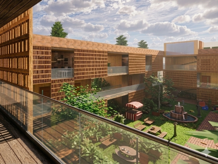 An open-air courtyard surrounded by naturally ventilated learning spaces includes gardens, seating areas, and interactive outdoor environments.