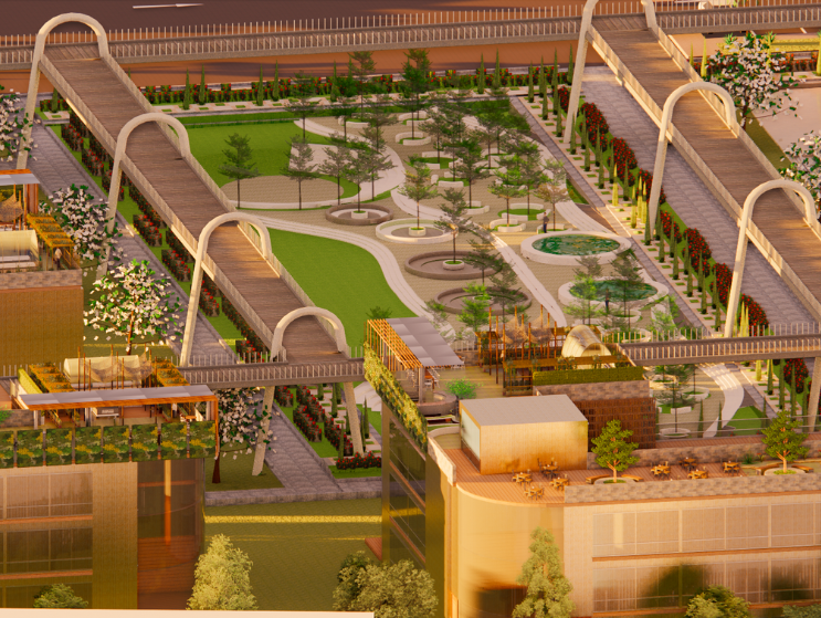 A landscaped central courtyard features winding pathways, sensory gardens, shaded seating, water elements, and elevated walkways connecting learning spaces.