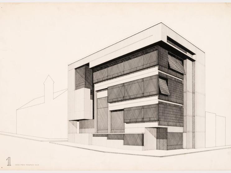 Perspective drawing by Peter Eisenman showing a proposed design for the Boston Architectural Center competition in 1963.