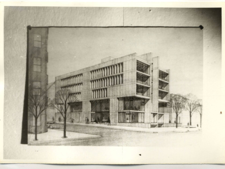 Rendering of Fumihiko Maki's second prize-winning proposal for the 320 Newbury Street design competition in 1963.