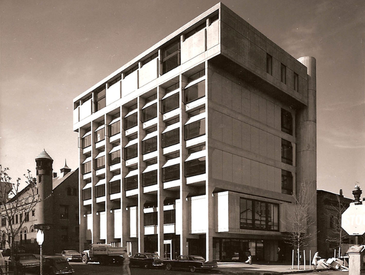 Exterior photograph of 320 Newbury shortly after its completion, 1966, Zimberg, The BAC Library archival collection.