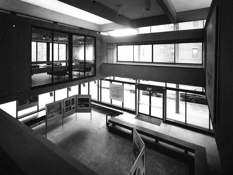 Interior view of 320 Newbury Street in 1966, featuring the open gallery space and modern architectural design of the new BAC home.