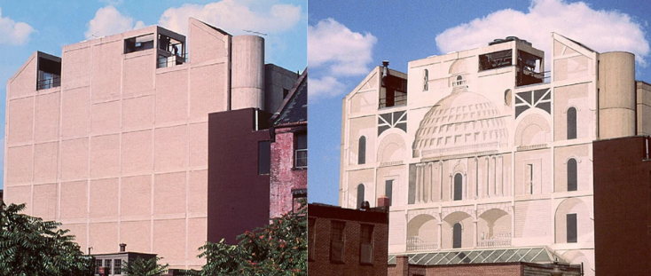 Comparison of the west fa&ccedil;ade of 320 Newbury Street before and after Richard Haas's mural transformed the building's exterior in 1977.
