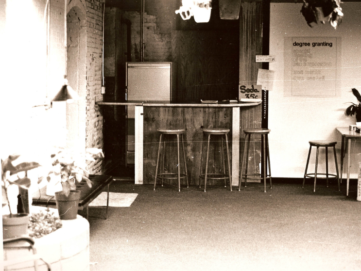 The basement student lounge at 320 Newbury Street in the 1970s, a gathering space for Boston Architectural College students.